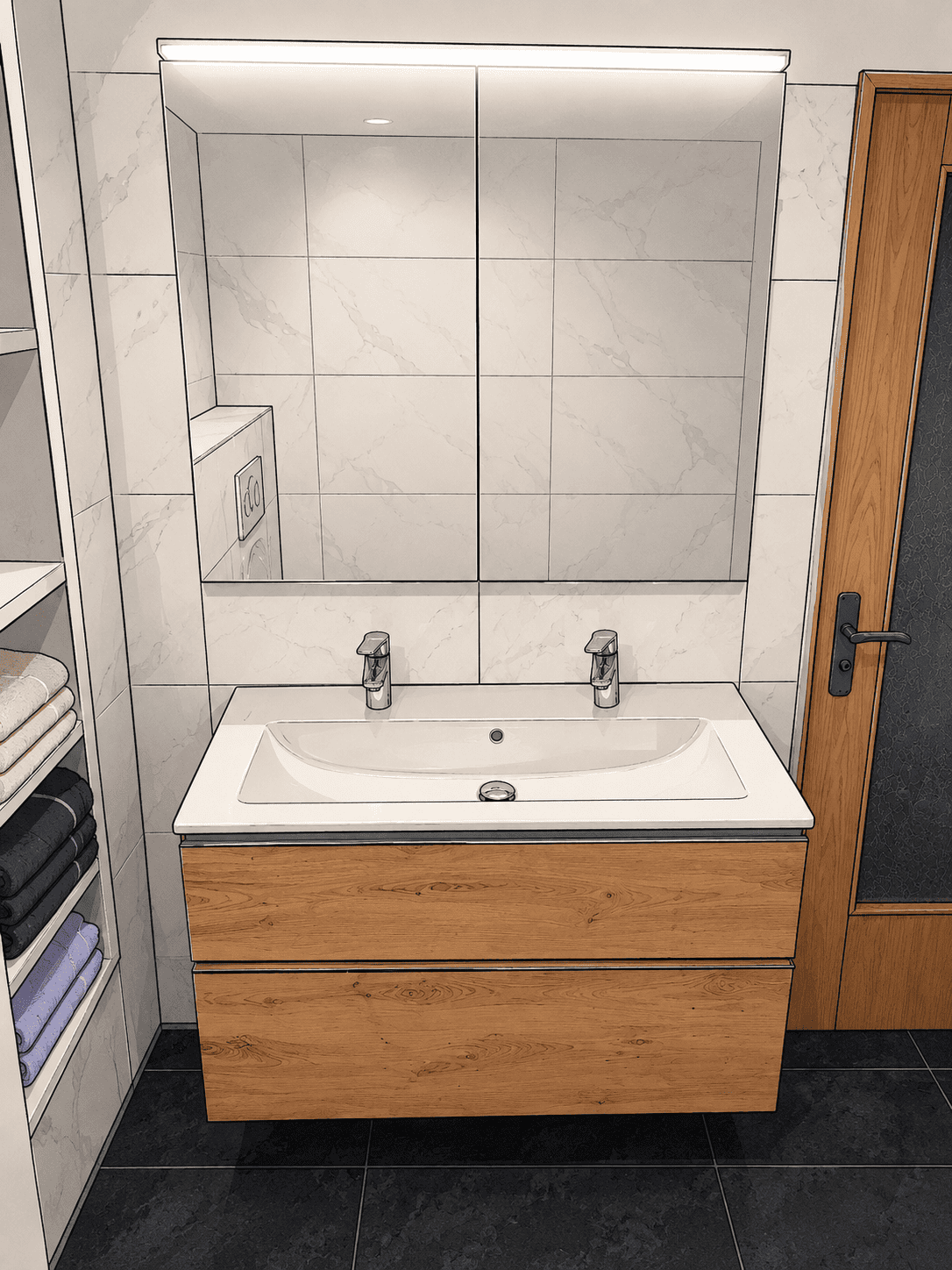 Moderner Waschtisch mit beleuchtetem Spiegelschrank