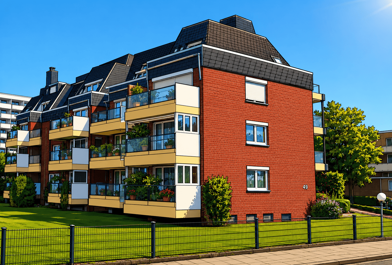 Außenansicht der Wohnanlage mit Loggien