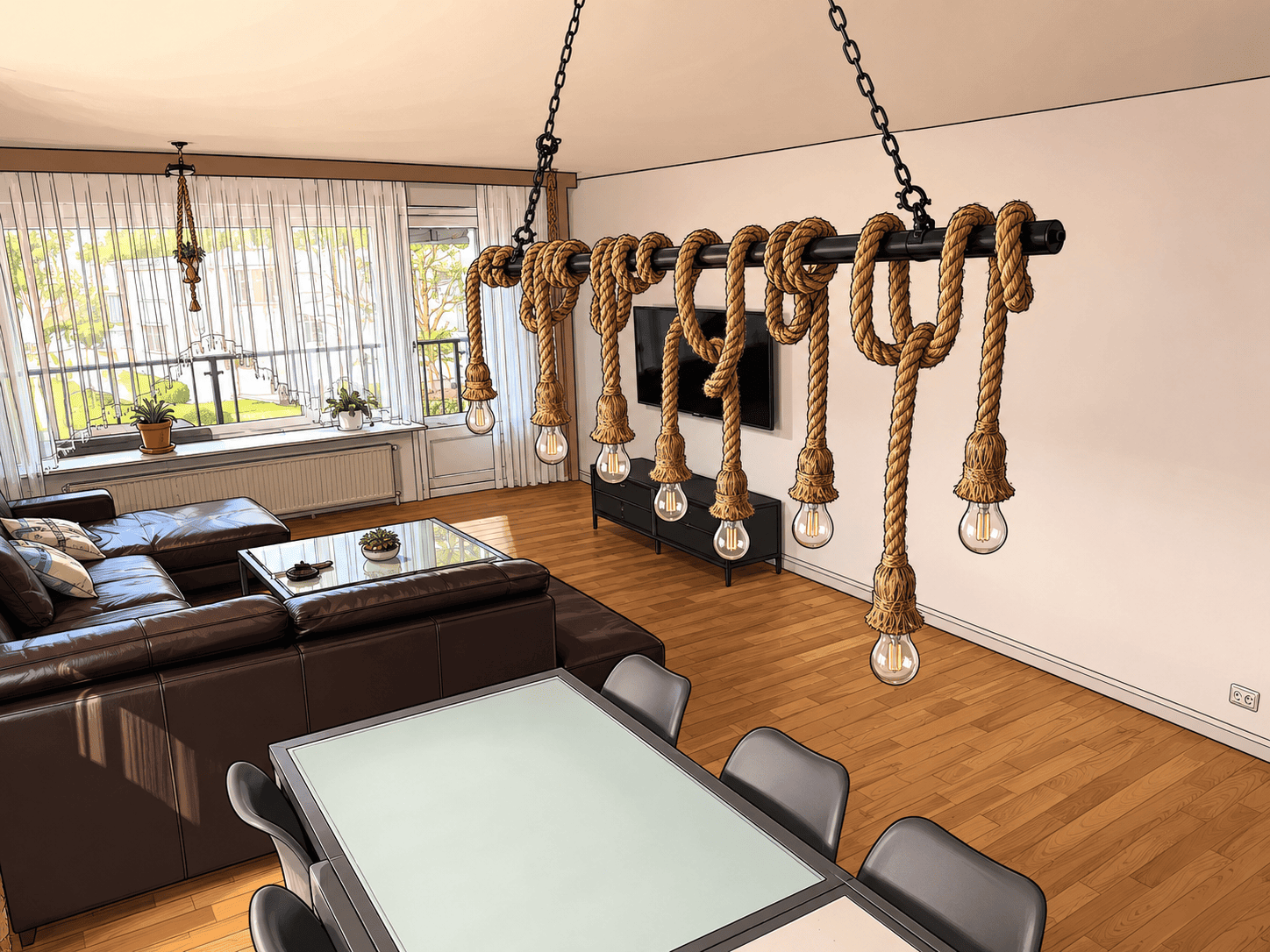 Wohnzimmer mit Essbereich und Seilleuchten