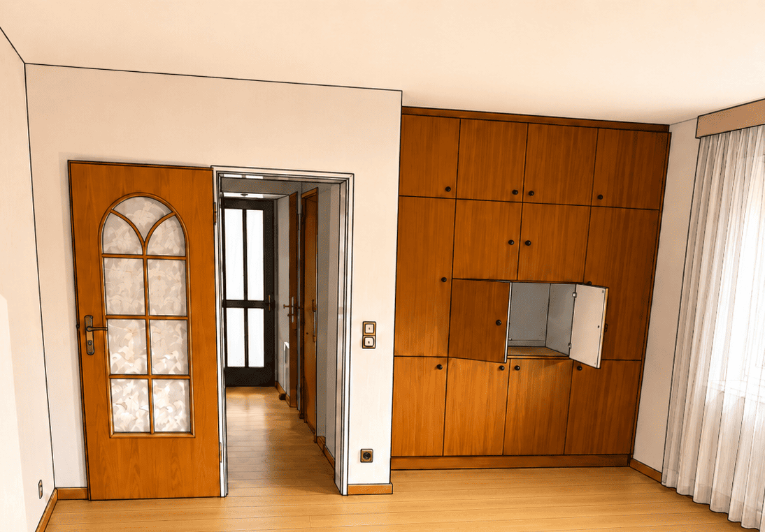 Wohnzimmer mit Schrank und Durchreiche